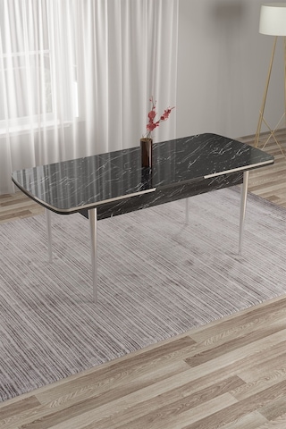 Canisa Tia Serisi 80x132 Açılabilir Mdf Mutfak Masası Siyah Mermer Desen Masa Krom Detay Masa Siyah Mermer Desen Ayaklar Gümüş