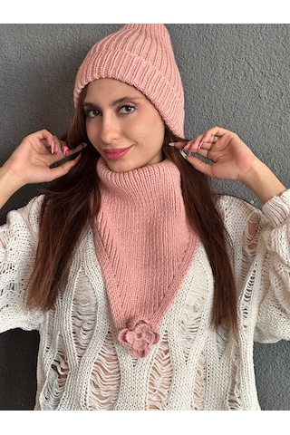 Gönülden Tasarım El Örgüsü Yumuşak Kadın Bere Boyunluk Set Pembe Açık