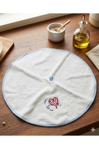 Pamuk Yuvarlak Mutfak Havlusu 50 Cm 2 Li Set Yüksek Emicilik, Askı Halkalı, Nakışlı Tasarım, Makinede Yıkanabilir Kurulama Bezi Beyaz