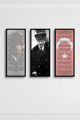 Çerçeveli Atatürk Tablosu 3 Lü Set Gençliğe Hitabe, Atatürk Portresi Ve İstiklal Marşı