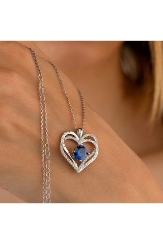 Gümüş Pazarım Safir Taşlı Kalp Gümüş Kolye