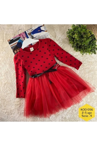 Kız Çocuk Kırmızı Uzun Kol Puantiyeli Doğum Günü Özel Gün Yılbaşı Hediye Abiye Günlük Prenses Elbise Kırmızı