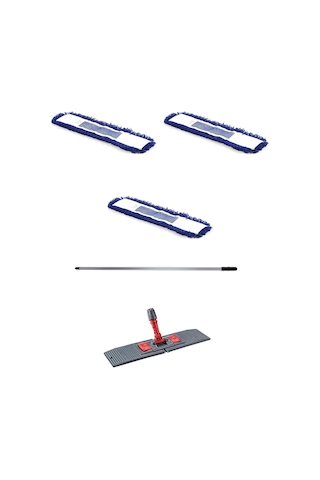 Orlon Mavi Statik Toz Mop Takımı Seti - 50 CM - 3 Adet Mop + Mop Tutucu + Sap - 1 Takım