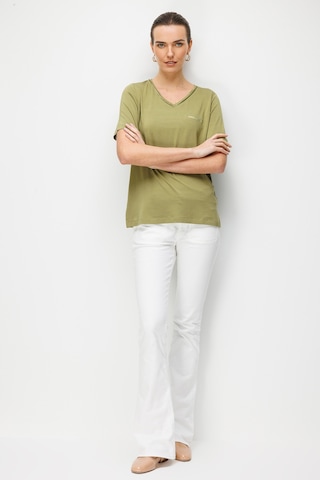 Desen Triko Kadın V Yaka Cebi Saten Şeritli Penye T-shirt 26828 Yeşil Yeşil