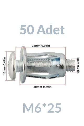 M6x25 50 Adet Sac Arkası Açılır Somun Çiçek Perçin Somunu - Kriko Ankraj Fener Tipi Genleşme Vidası M6