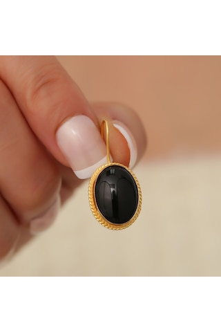 14 Ayar Altın Siyah Taşlı Küpe Sarı Altın