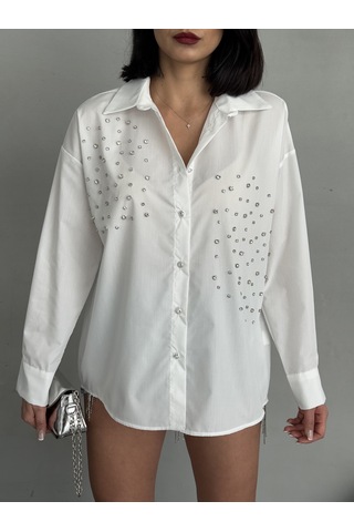Kadın Taşlı Premium Kalite Uzun Kollu Oversize Gömlek Beyaz