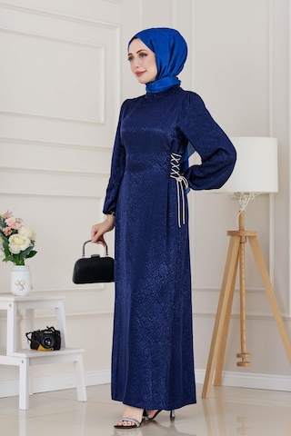 Buse Yanı Bağcıklı Saten Abiye-lacivert-4998