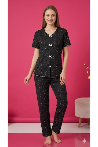 Sleeproom Yazlık Siyah Beyaz Yıldız Desenli Kısa Kol Penye %100 Pamuk Pijama Takım