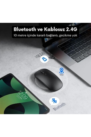 Polham Şarj Edilebilir 600mah Çift Modlu Kablosuz Mouse, Laptop, Tablet, Telefon, Tv Uyumlu Mouse Süper Sessiz 007