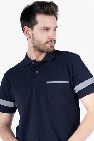 İş Tişörtü - Polo Yaka Reflektörlü Cepli T-shirt %100 Pamuk Lacivert