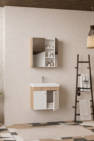 Milano 60 Cm, Lavabolu Banyo Dolabı Seti, Lavabo Dahil, Ayna Dahil, Sonomo Meşe, Mdf Beyaz - Sonomo
