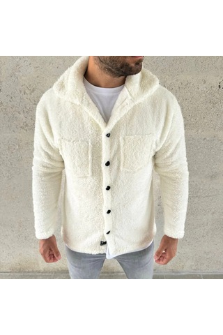 Erkek Pelüş Polar Hırka Gömlek Yakalı, İlik Düğmeli, Göğüs Cepli, Yumuşak Dokulu Kışlık Regular Fi Beyaz