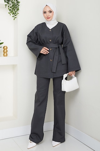 Bestenur Kemerli Ceket Pantolon Gabardin Takım 1557 - Antrasit Antrasit