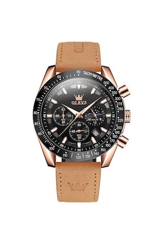 Olevs 9957 Erkekler Aydınlık Su Geçirmez Deri Kayış Kuvars Saat Siyah + Gül Altın