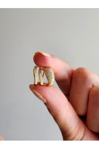 Üçlü Zirkon Taşlı Tekli Altın Kaplama Gold Renk Çelik Küpe Gold