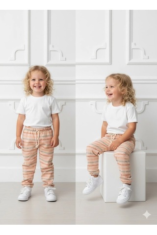 Kız Çocuk Desenli 3 Lü Paket Gündelik Rahat Pantolon Seti 2-7 Yaş Ekru-somon-a.pembe