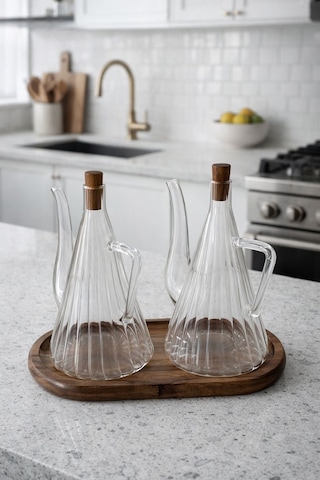 Morponi Akasya Stantlı Borosilikat Cam Akasya Kapak Glazzy Yağlık Seti 500 Ml + 500 Ml Çizgili Tasarım Amber
