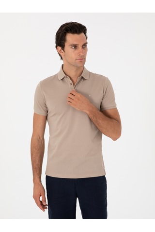Koyu Bej Slim Fit Polo Yaka Pamuklu Basic T-shirt