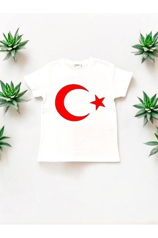 Breeze Çocuk Ay Yıldızlı Pamuklu Yarım Kol Tshirt-13374 Beyaz