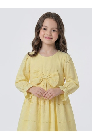 Pina Kids Kız Çocuk Uzun Kollu Önü Kurdelalı Fisto Elbise Sarı
