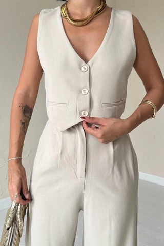 Bej Klas Ceket Ve Yelek Ve Pantolon Takım Bej