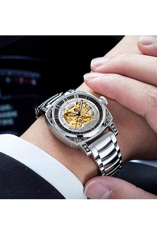 Premium İşlemeli Mekanik - Otomatik Çelik Erkek Kol Saati 3atm Su Geçirmez Altın