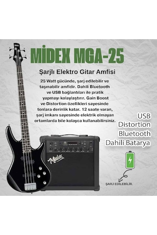 Midex Mbg-400bk-25amp 4 Telli Bas Gitar Ve 25w Amfi Gigbag Kulaklık Set