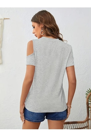 Modaserdem Kadın Kısa Kollu Tek Omuzu Açık Damla Detaylı Viskon Bluz Gri