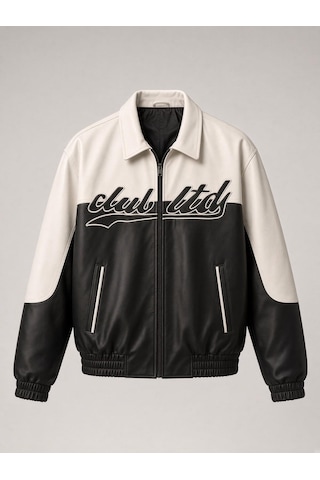 Oksit Club Ltd Nakış Detaylı Vintage Colorblock Gömlek Yaka Deri Bomber Ceket Siyah