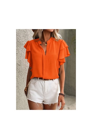 Butik İstanbul Kadın Kısa Kollu V Hakim Yaka Kolları Fırfırlı Dubai Bluz Turuncu