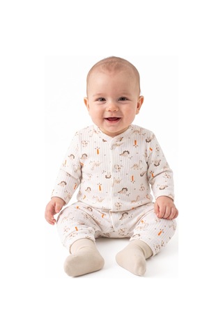 By Bebekodam Erkek Bebek Ekru Dino Baskılı Çıtçıtlı Manşetli Tulum