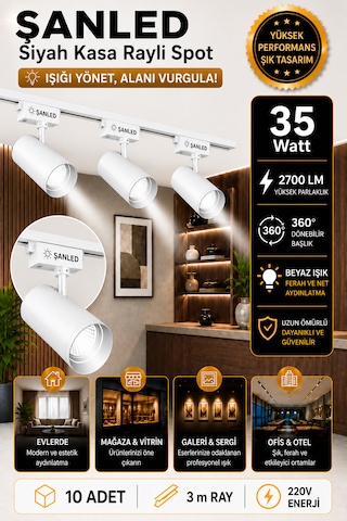 Led Beyaz Kasa Gün Işığı 35w Raylı Spot / 10 Adet 3 Metre Ray Beyaz Işık