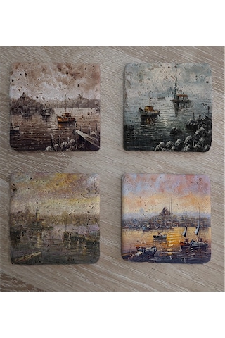 İstanbul Manzaraları Doğal Taş Bardak Altlığı 4'lü Set - Natural Stone Coasters-174275 Çok Renkli