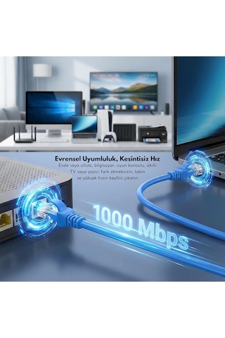 Cat6 Ethernet Kablosu 20 Metre - 1000 Mbps E Kadar Veri Aktarımı - Fabrikasyon Rj45 Konnektörlü - Mavi