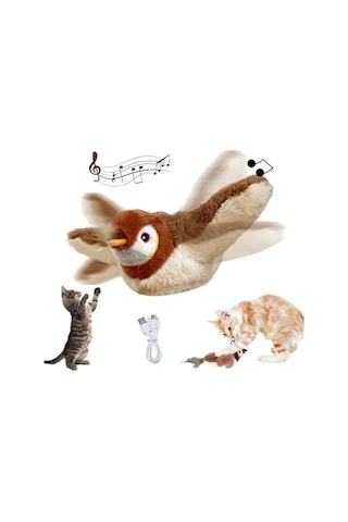 Mucit Home Usb Şarjlı Uçan Kuş Kedi Oyuncağı Sesli & Hareketli Peluş Kedi Oyuncağı Kutulu