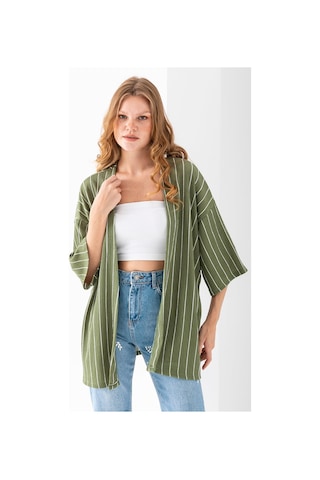 Giysa Kadın Yarım Kol Çizgili Bürümcük Kimono Açık Yeşil - 254406 Açık Yeşil