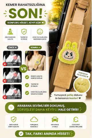 Bunny Yeşil Emniyet Kemeri Aksesuarı - Emniyet Kemeri Kılıfı-araç Emniyet Kemeri Omuz Koruyucu 1 Adet