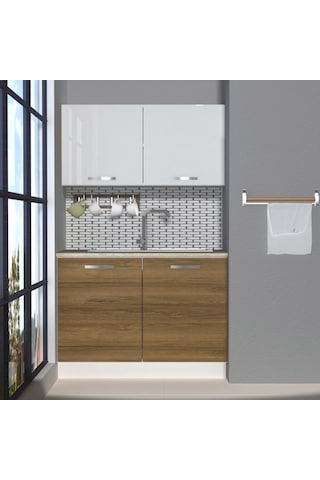 Decoraktiv Mini 120 Mdf Hazır Mutfak Dolabı - Tezgah Dahil - Pera Beyaz Beyaz - Meşe