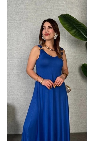 Kadın Çan Dokuma Kumaş V Yaka Asimetrik Kesim Elbise Saks