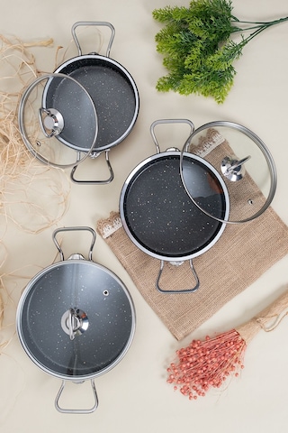 Çarşıdayız Siyah Renk Granit 3'lü 16/18/20 Cm Tava Seti - Dayanıklı Ve Şık Tasarım Siyah