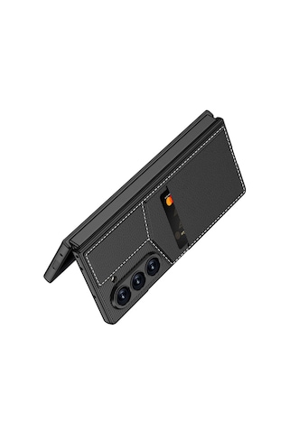 Zore Samsung Galaxy Uyumlu Z Fold 6 Kılıf Karbon Fiber Deri Kartlıklı Omsy Kıpta Dik Açılan Kartlıklı Kapak-siyah