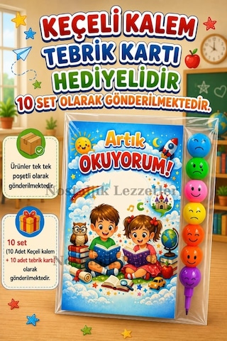 Yeni Okumayı Öğrenen Öğrencilere Hediye 10 Set Artık Okuyorum Yazılı 1. Sınıf Hatırası Keçeli Kalem Tebrik Kartı Hediyeli