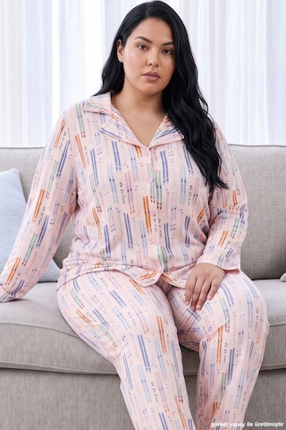 Siyah İnci Pembe Desenli Termal Kumaşlı Ultra Soft Yumuşak Büyük Beden Battal Boy Düğmeli Örme Pijama Takımı 26226536