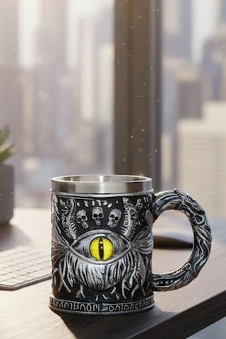 Sarı Ejderha Gözü Figürlü Çelik Kupa - 3d Kabartmalı Paslanmaz Çelik Mistik Tasarım Mug Gri
