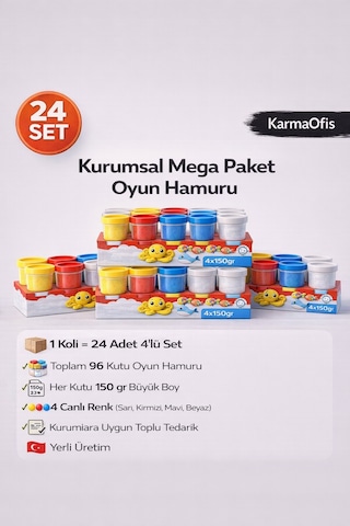 Kidz 24 Lü 4x150 Gr Büyük Boy Oyun Hamuru Koli Toplam 96 Kutu 4 Renk Kurumsal Mega Paket Beyaz