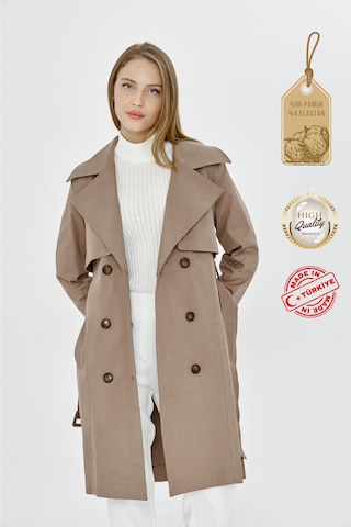 Pastelastore Esnek Pamuk Gabardin Midi 95cm Astarsız Kadın Trençkot 1118 Vizon