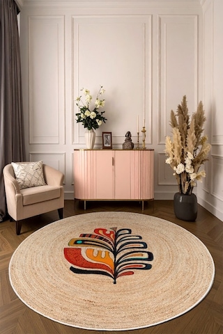 Zeminde Doğanın Ruhu: Renkli Motifli Hasır Görünümlü Kaymaz Taban Halı Bej