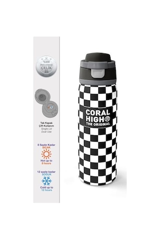 Coral High Siyah Beyaz Dama Desenli Pipetli Ve Direkt İçim Çelik Termos 800 Ml 38538 Çok Renkli