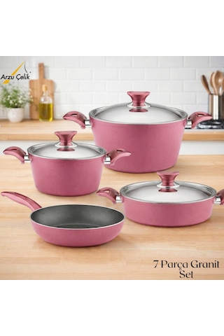 7 Parça Granit Set Çelik Kapak - Mürdüm Mürdüm